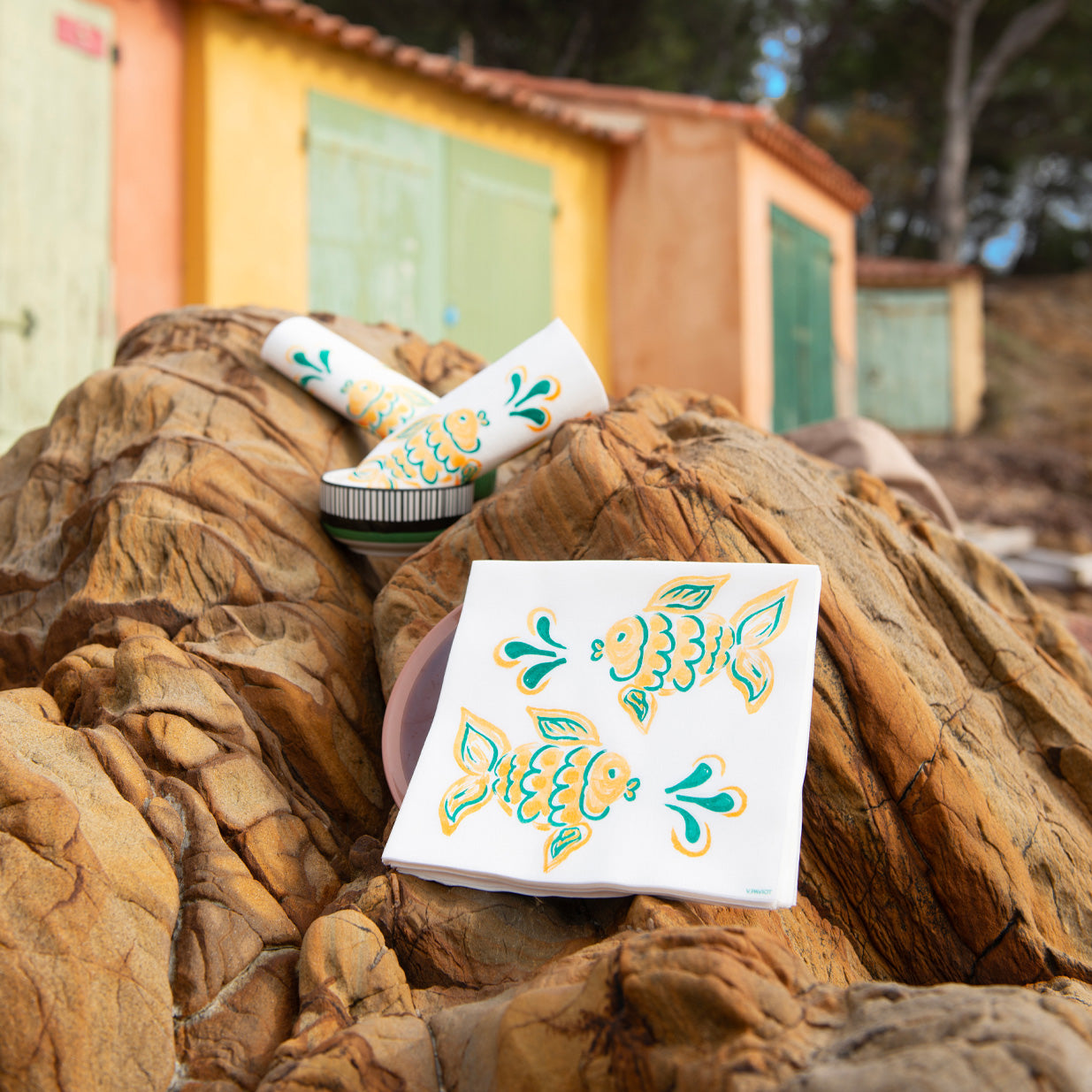 Yellow & Green Poisson (Fish) Paper Napkins (8")