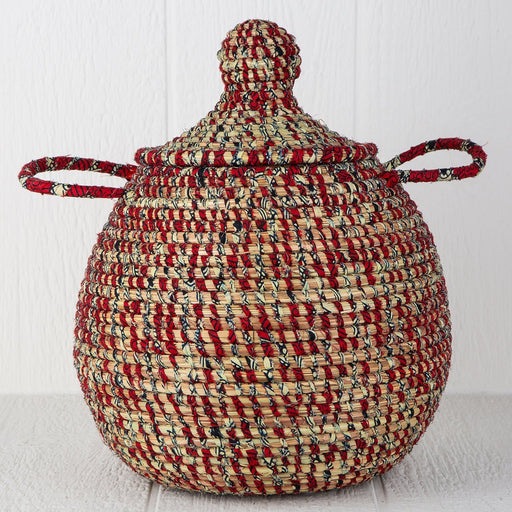 Red Linen African Basket Bell Jar With Lid (16"h)