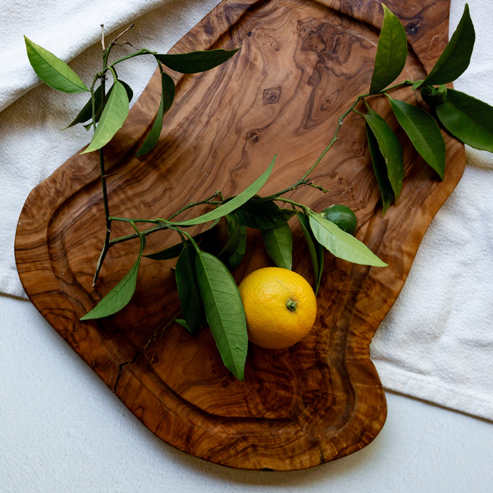 Live Edge Olive Wood Handmade Cutting Board With Juice Grooves & Handle (Large)