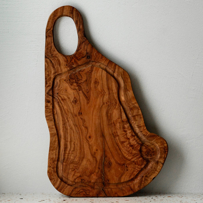 Live Edge Olive Wood Handmade Cutting Board With Juice Grooves & Handle (Large)