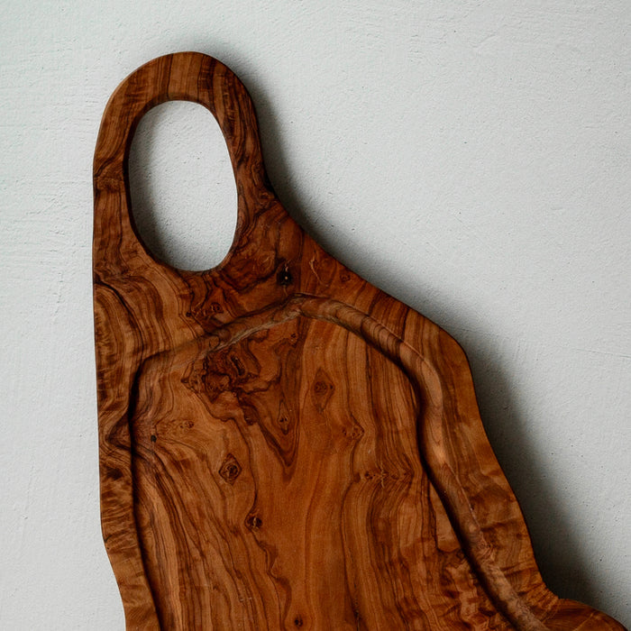 Live Edge Olive Wood Handmade Cutting Board With Juice Grooves & Handle (Large)