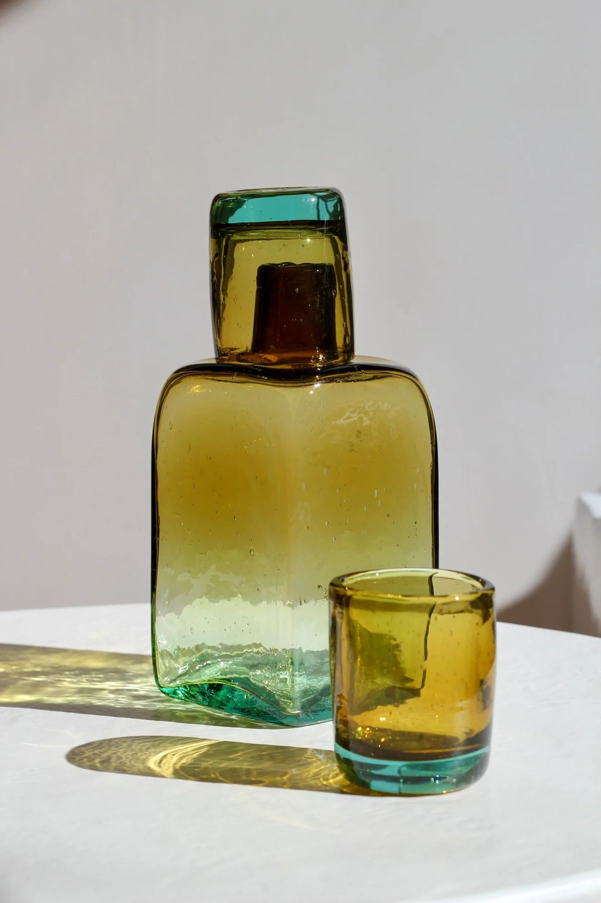 Handblown Bedside Carafe Set in Sunflower Aqua Bi-color