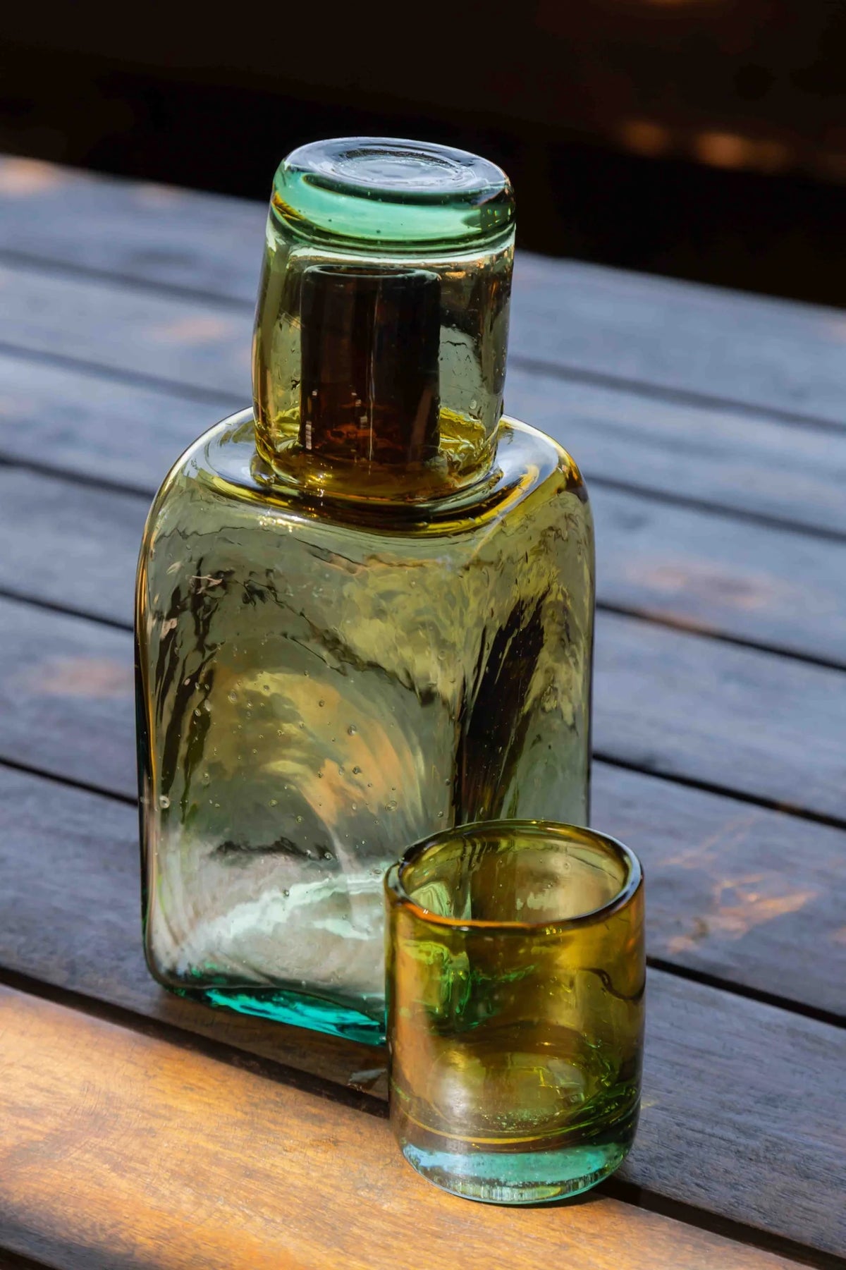 Handblown Bedside Carafe Set in Sunflower Aqua Bi-color