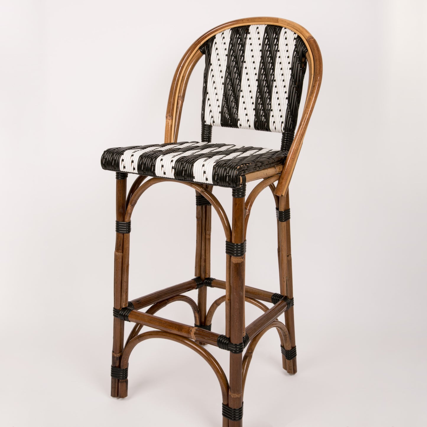 Black and White Mediterranean Bistro Stool with Back (26" h. seat) (Petit Points Bandes - Stripe)