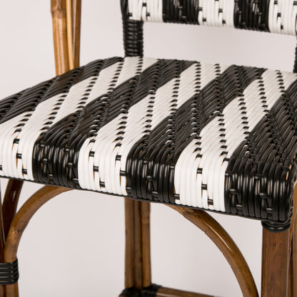 Black and White Mediterranean Bistro Stool with Back (26" h. seat) (Petit Points Bandes - Stripe)