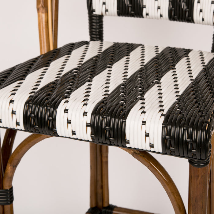Black and White Mediterranean Bistro Stool with Back (26" h. seat) (Petit Points Bandes - Stripe)
