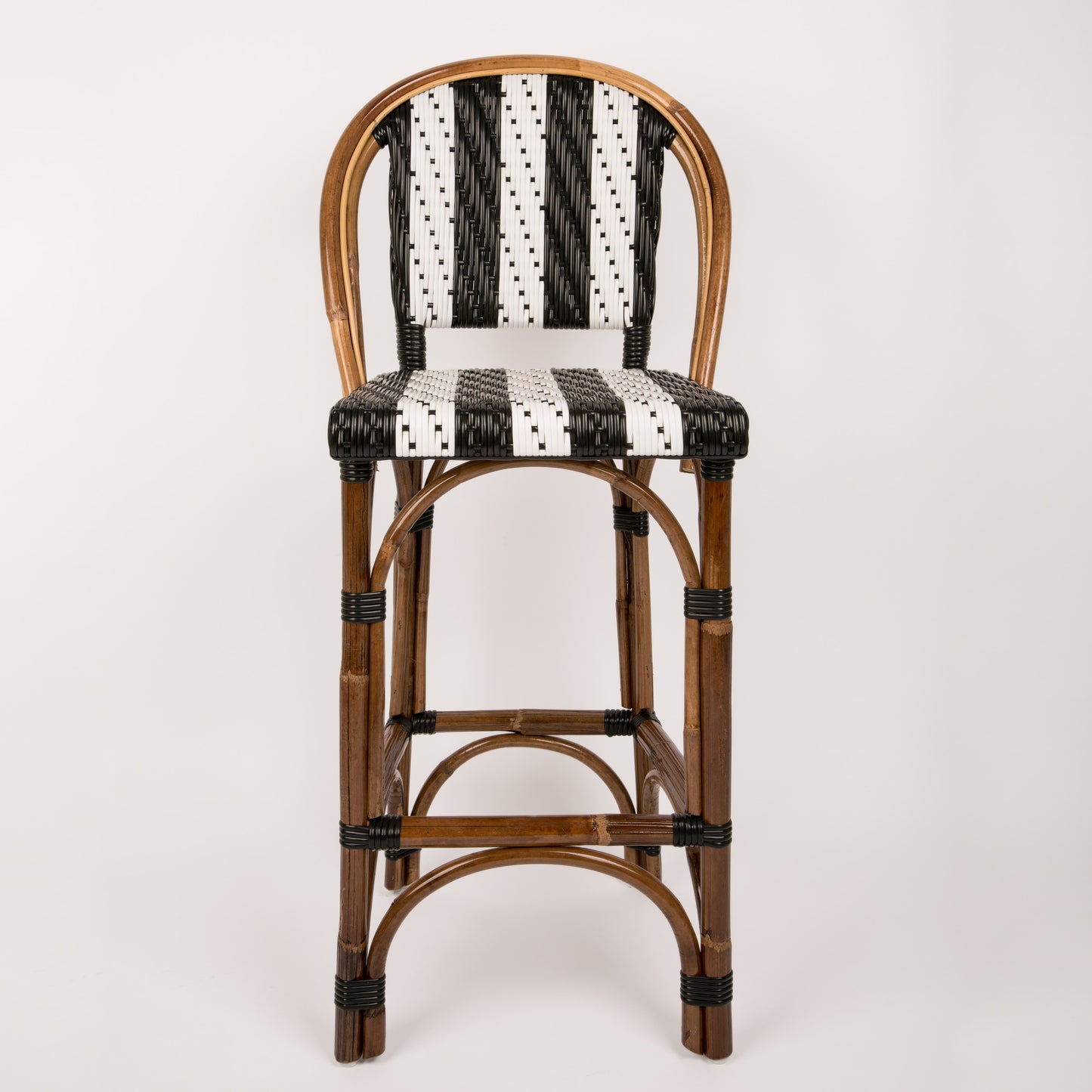 Black and White Mediterranean Bistro Stool with Back (26" h. seat) (Petit Points Bandes - Stripe)