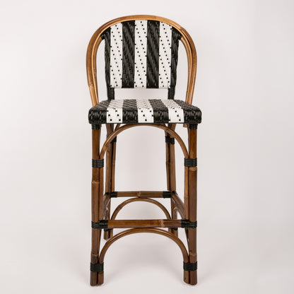 Black and White Mediterranean Bistro Stool with Back (26" h. seat) (Petit Points Bandes - Stripe)