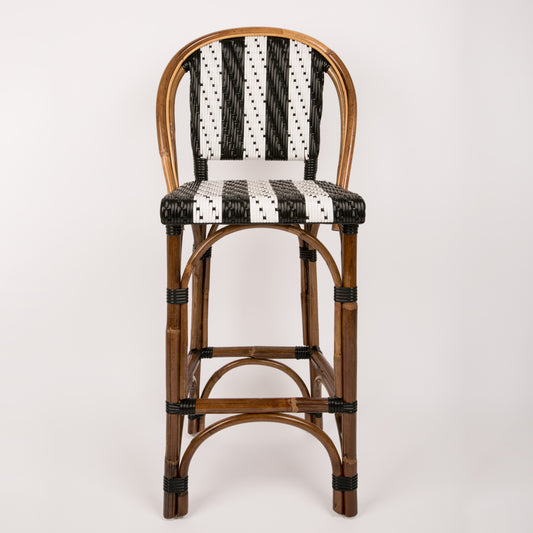 Black and White Mediterranean Bistro Stool with Back (26" h. seat) (Petit Points Bandes - Stripe)