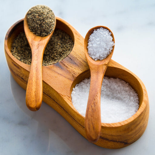Teak Salt and Pepper Bowl Set with Spoons