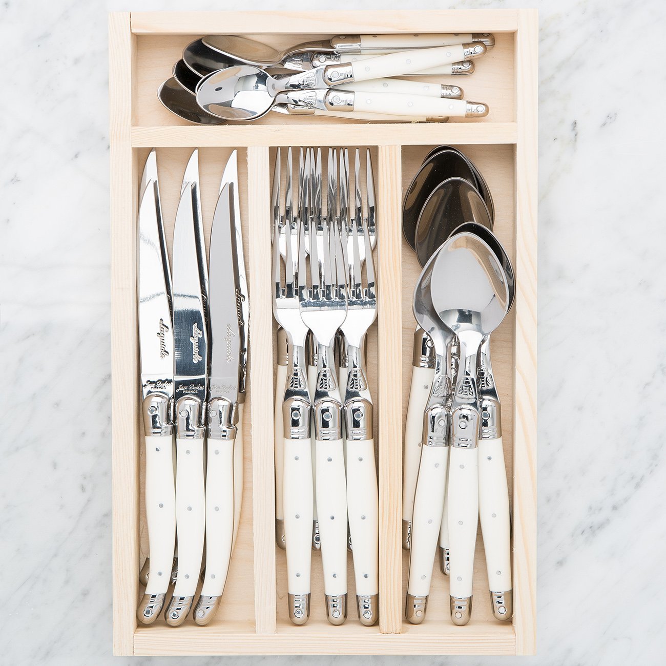 White Laguiole Flatware Set(24 Piece Wood Tray)