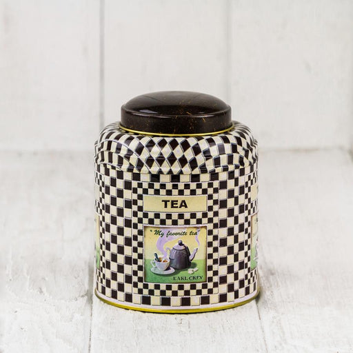 Black & White Checkered Round Metal Tea Tin