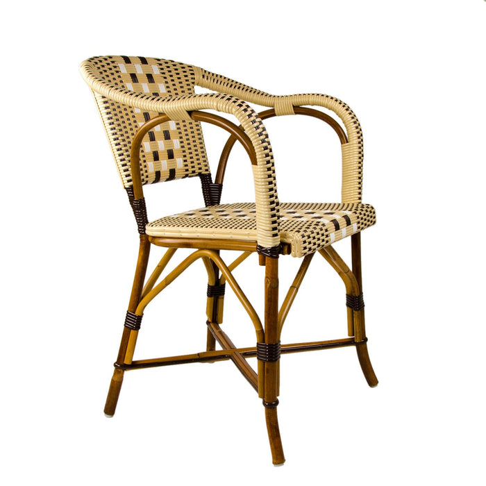 Cream, Brown & White Mediterranean Bistro Chair with Woven Arms (W)