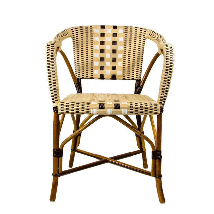 Cream, Brown & White Mediterranean Bistro Chair with Woven Arms (W)