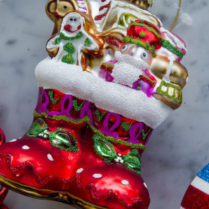 Santa Boots Shimmering Glass Ornament (4.5"h)