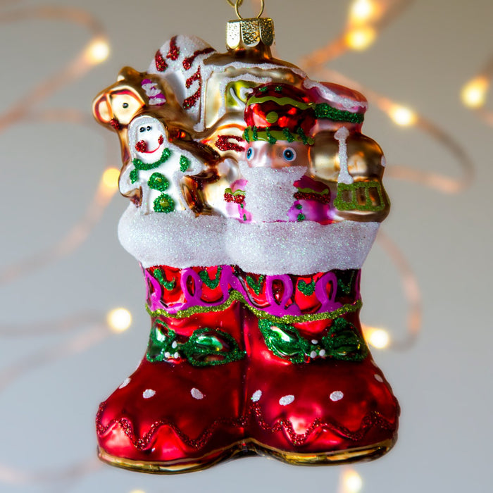 Santa Boots Shimmering Glass Ornament (4.5"h)