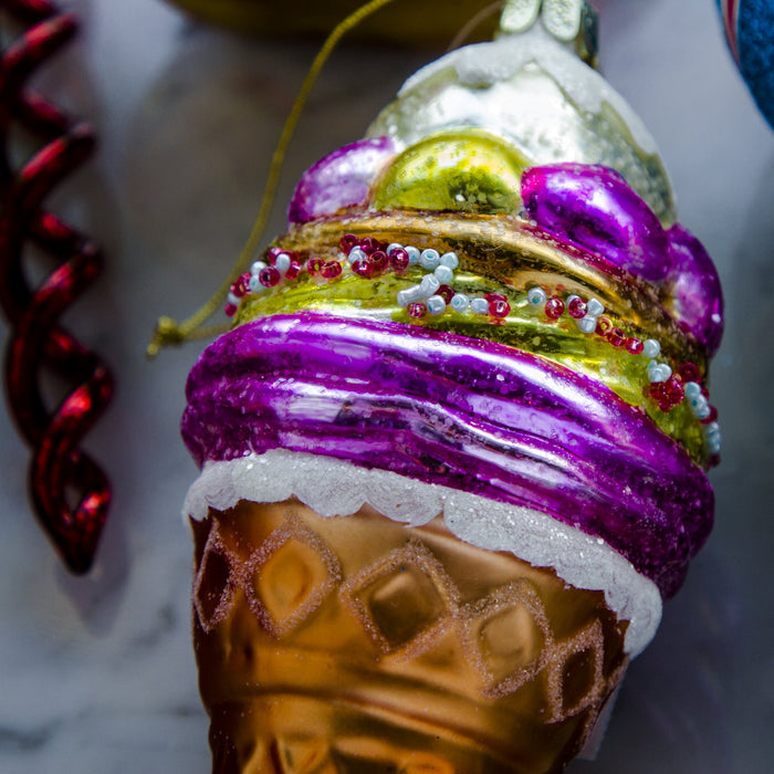 Shimmering Ice Cream Cone Glass Ornament (5.75"h)