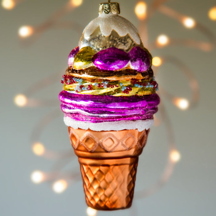 Shimmering Ice Cream Cone Glass Ornament (5.75"h)